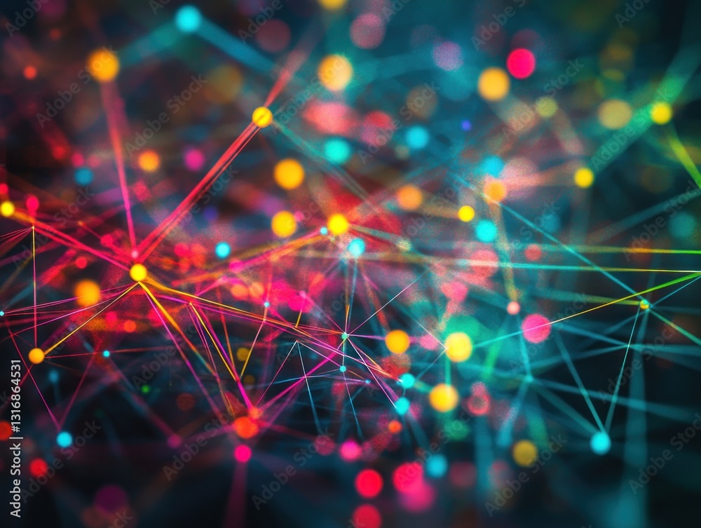 Poster a vibrant abstract representation of interconnected nodes and lines, symbolizing digital networks an