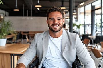 Smiling man in wheelchair in modern work environment