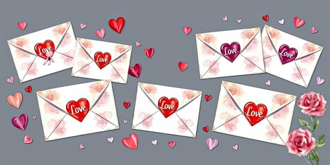 Romantic Watercolor Envelopes Hearts Roses Valentines Day Love Letters