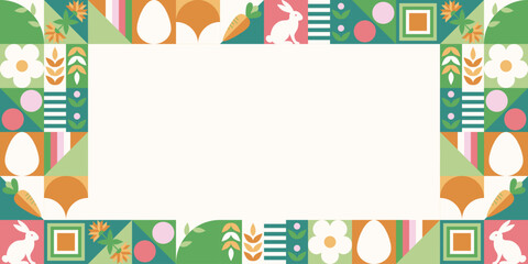 Wielkanocny baner z mozaiką z świątecznymi symbolami. Wiosenny geometryczny wzór z królikiem, jajkami i kwiatami. © Monika