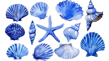 A sheet of watercolor stickers featuring various shades and types of blue seashells