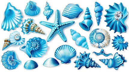 A sheet of watercolor stickers featuring various shades and types of blue seashells