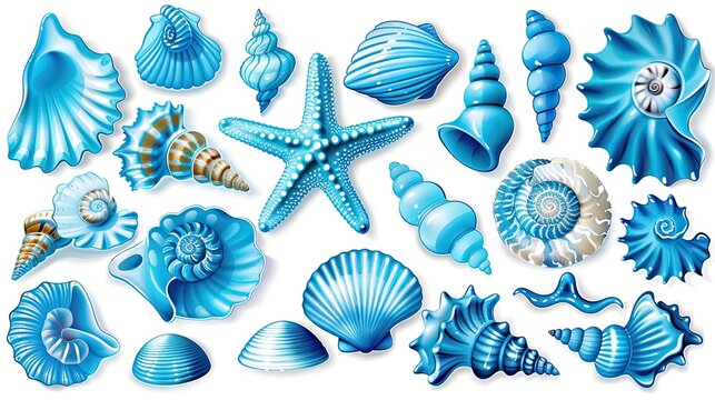 A sheet of watercolor stickers featuring various shades and types of blue seashells