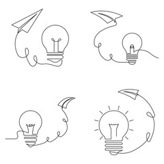 Paper plane flying up connected with light bulb in continuous one line drawing.