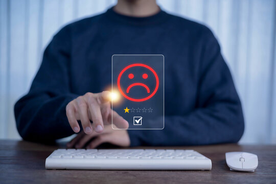 Customer Experience dissatisfied. Unsatisfied customer reviews a 1-star rating, Negative feedback user experience Client with Sadness Emotion Face, bad service, Sadness emotion customer