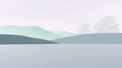 Fototapeta premium Serene Minimalist Landscape Misty Mountains Trees Calm Water