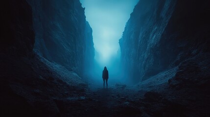 Obraz premium Enigmatic rocks emerge from shadows as a faint blue glow beckons mysteriously, crafting an otherworldly scene of intrigue and wonder