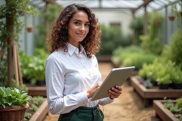Fototapeta premium young woman working in a greenhouse