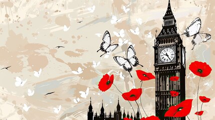 Big Ben in London, with red poppies and white butterflies flying around it