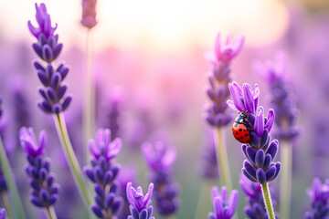 A vibrant lavender field with a ladybug perched on a flower, illuminated by soft sunlight, creating a serene and colorful natural scene.