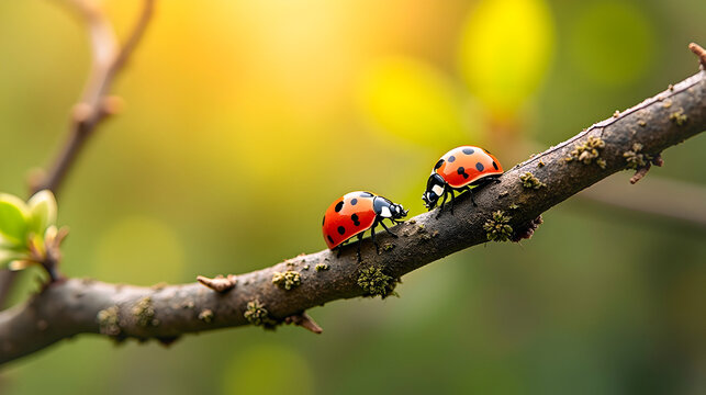 Two vibrant ladybugs perched on a twig, surrounded by soft, blurred greenery and warm sunlight, creating a serene natural setting.