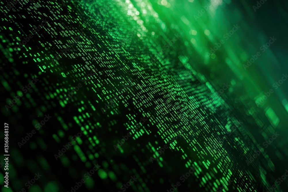 Poster a dynamic green digital landscape showcasing flowing binary code, symbolizing technology and data pr