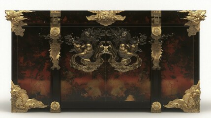 Ornate Ebony Lacquer Chest with Intricate Swirling Designs and Gold Accents
