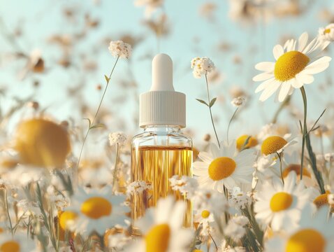 Chamomile essential oil bottle with a dropper, styled with fresh and dried flowers