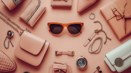 Stylish feminine accessories, flat lay, coral background, gifts, jewelry