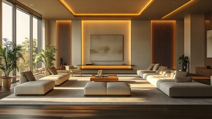 Professional conference space with a neutral color palette, high-end furnishings, and a welcoming ambiance