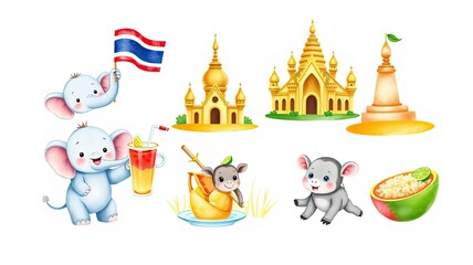 Adorable Elephants Thai Temples Animals Cute Travel Illustration