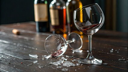 Close-up of a shattered wine glass on a dark wooden table, symbolizing the dangers of excessive drinking and alcohol abuse, with a focus on broken glass and safety concerns.