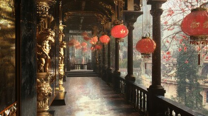 Fototapeta premium Elegant Veranda with Lanterns and Lush Overhanging Foliage