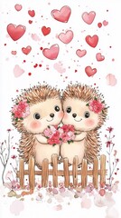 Fototapeta premium Cute hedgehogs share a loving moment surrounded by flowers and hearts on a sunny day
