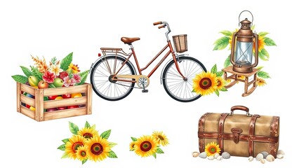 Rustic Bicycle Fruit Crate Lantern Suitcase Watercolor Illustration