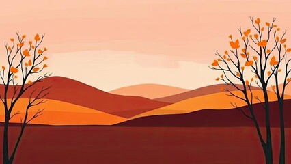 Autumnal Landscape Orange Hills Silhouette Trees Sunset Sky