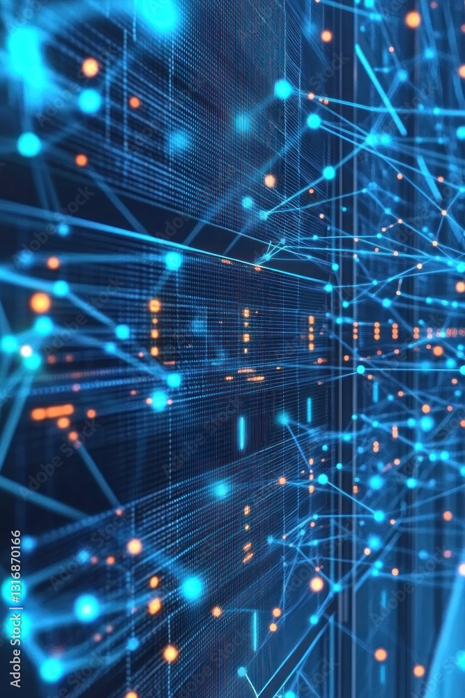 Poster abstract representation of interconnected blue and orange data points illustrating digital networks 