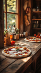 Pizza with mozzarella, mushrooms, and olives, vertical mobile image