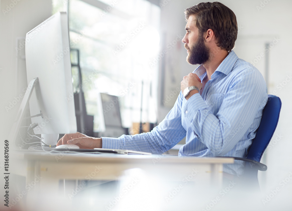 Aufkleber office, businessman and web designer with computer for thinking, software update or information. car