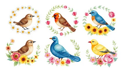 Colorful Birds Floral Wreaths Spring Bird Illustrations