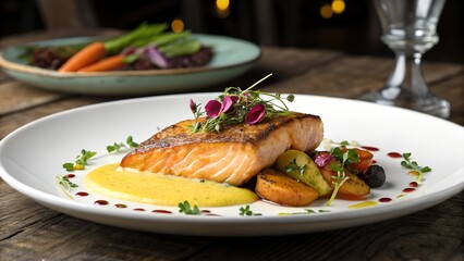  "Gourmet Grilled Salmon Dish with Vegetables and Sauce &ndash; Fine Dining Cuisine"