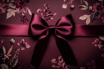 Elegant burgundy ribbon bow on floral background for gift wrapping and decoration