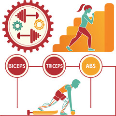 Gym workout infographic with exercise icons and muscle groups