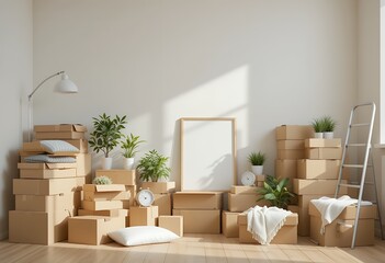 Moving day scene showcasing stacked boxes, plants, and a picture frame for home relocation