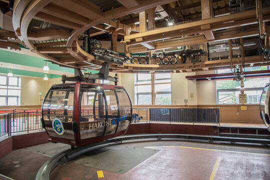 Hakone, Japan, 26 May, 2018: The Hakone Ropeway operates for about 4km from Tougendai station, facing Lake Ashi via Ubako and Owakudani stations, to Sounzan station