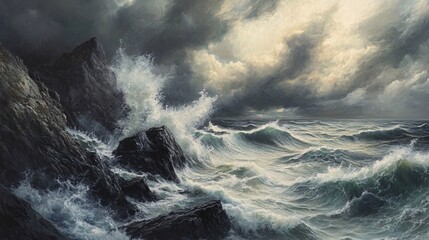 Obraz premium Stormy Ocean with Towering Waves and Dark Sky Over Rocky Shores
