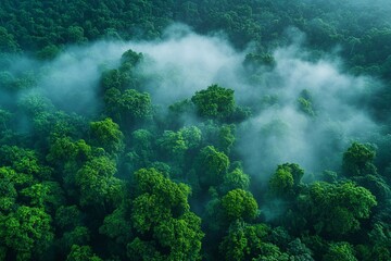 Lush green forest filled with mist creating a serene and tranquil atmosphere