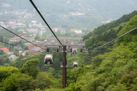 Hakone, Japan, 26 May, 2018: The Hakone Ropeway operates for about 4km from Tougendai station, facing Lake Ashi via Ubako and Owakudani stations, to Sounzan station