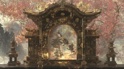 Fototapeta premium Ornate Ebony Lacquer Mantel Clock with Intricate Swirl Design