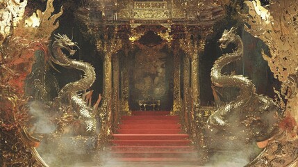 Obraz premium Opulent Baroque Canopy Over Dais with Gilded Dragon Statues