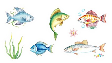 Naklejka premium Colorful Fish Illustration Aquatic Life Marine Animals Underwater Scene