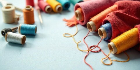 Colorful Threads and Sewing Supplies Arranged on a Light Blue Surface