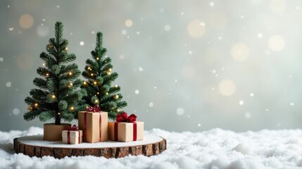 Obraz premium Festive Miniature Christmas Trees with Wrapped Presents on a Rustic Wooden Slice in a Snowy Winter Scene