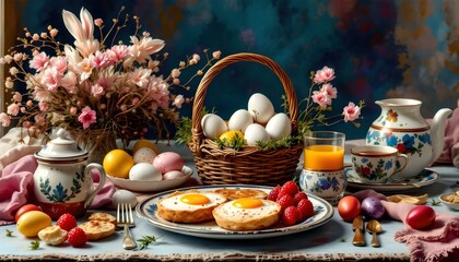 Fototapeta premium Traditional Polish Easter breakfast table with white borscht (żurek), babka, and a beautifully arranged święconka basket filled with eggs, bread, sausage, and symbolic festive foods. 