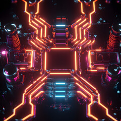 A neon colored computer chip with a black background