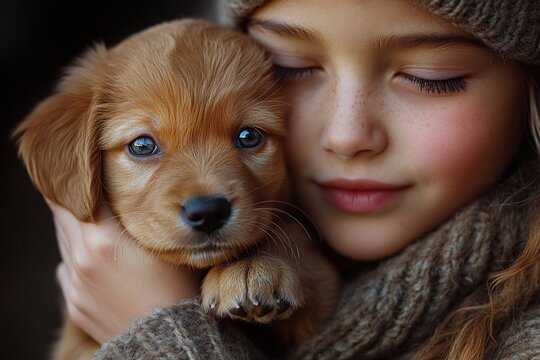 Young girl embraces a golden retriever puppy with warmth and affection in a cozy setting