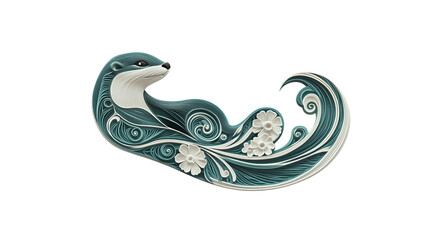Ornate Papercut Otter in Teal and White Floral Design