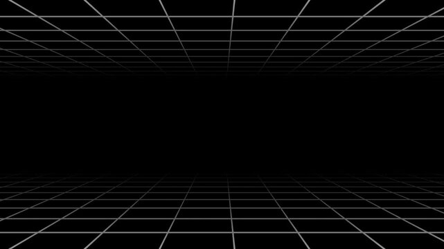 Looping 3D animation of a white grid tunnel on a black background, featuring smooth side camera movement for a dynamic and futuristic effect.