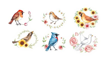 Obraz premium Watercolor Birds Floral Wreaths Spring Summer Nature Animals Wildlife Flowers Sunflowers Roses