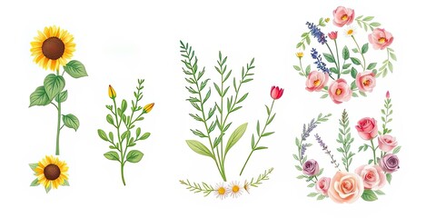 Beautiful Floral Collection Sunflowers Roses Lavender Botanical Illustrations